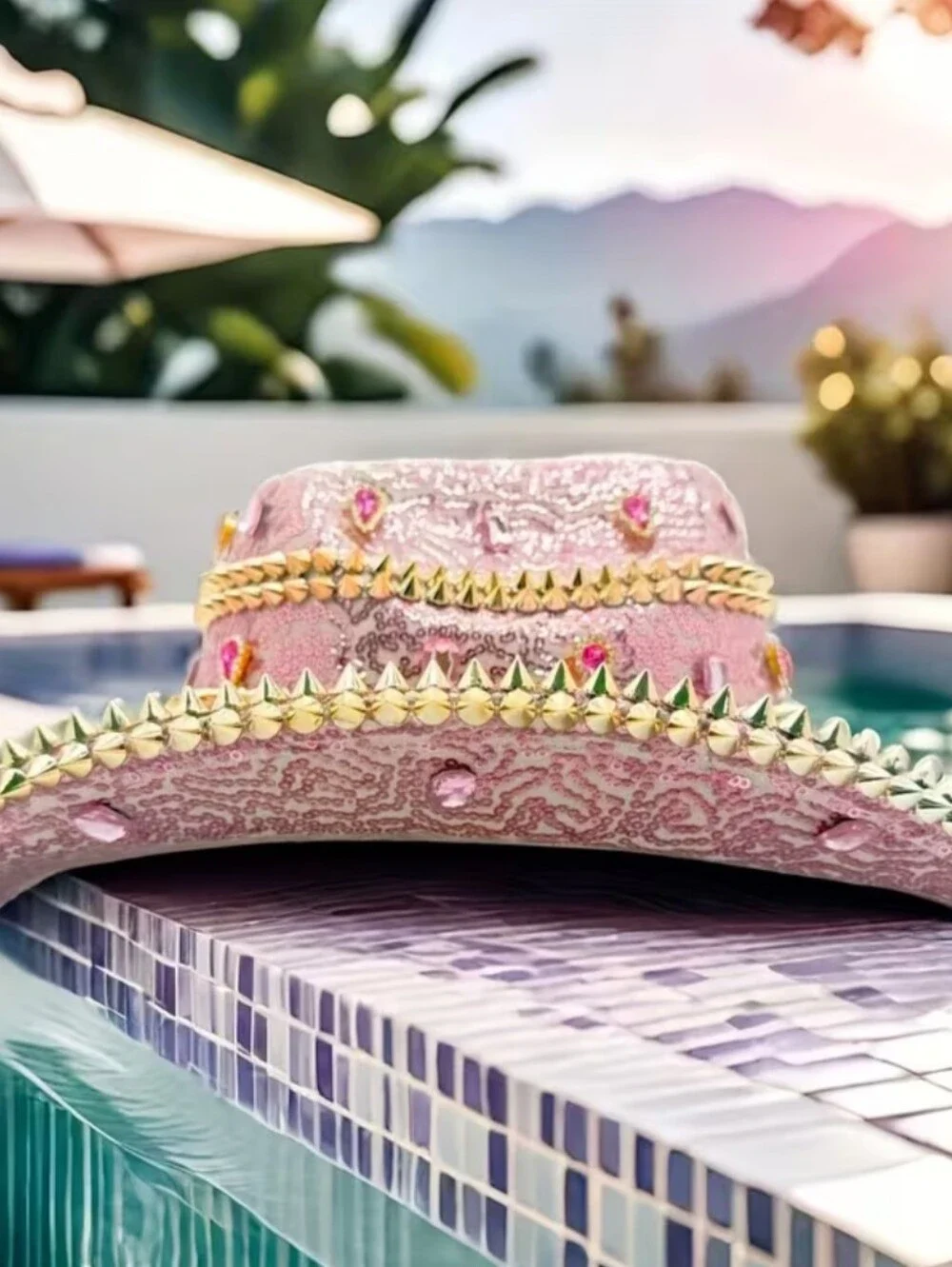 Sequined Pink Cowboy Hat with Gold Stud Accents - Women Accessories